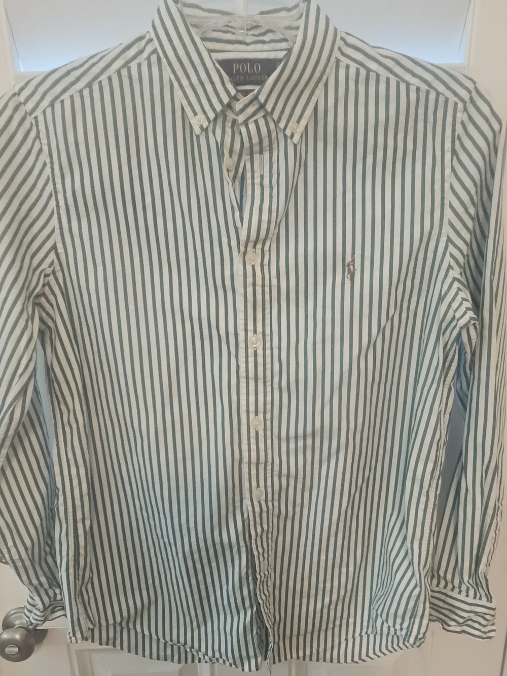 Polo by Ralph Lauren Vertical Green and White Stripe Button-Down Shirt Kids XL